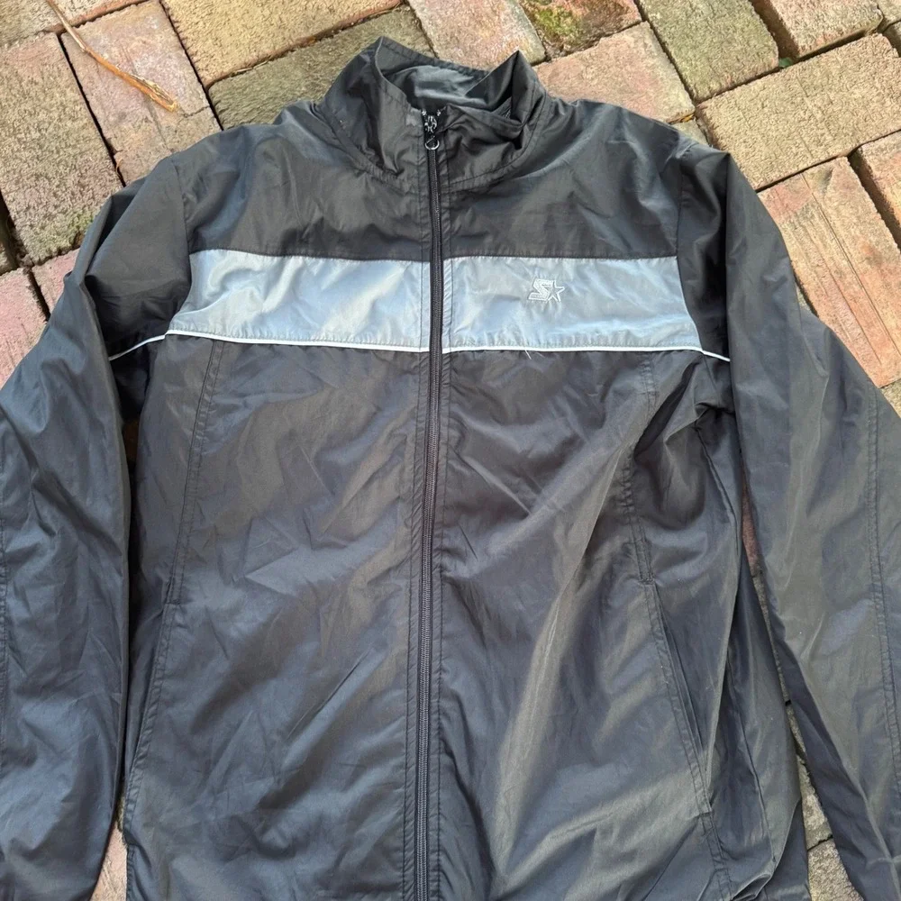 Starter Mens Black Silver Stripe Windbreaker Full Zip Mesh Lined Jacket Small